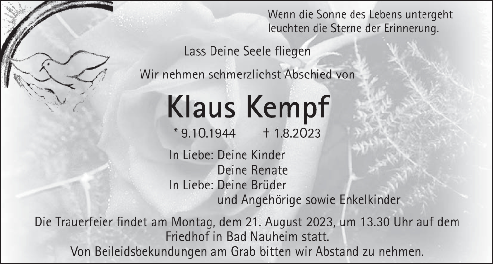  Traueranzeige für Klaus Kempf vom 12.08.2023 aus Wetterauer Zeitung