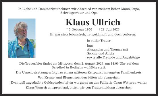 Traueranzeige von Klaus Ullrich von Wetterauer Zeitung