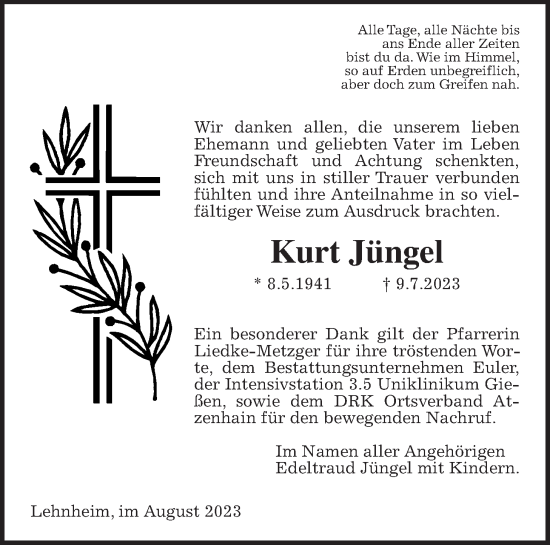 Traueranzeige von Kurt Jüngel von Giessener Allgemeine, Alsfelder Allgemeine