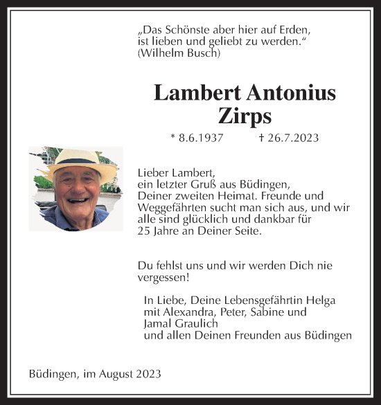 Traueranzeige von Lambert Antonius Zirps von Wetterauer Zeitung, Kreis-Anzeiger, 