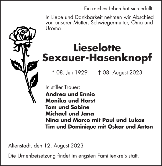 Traueranzeige von Lieselotte Sexauer-Hasenknopf von Kreis-Anzeiger