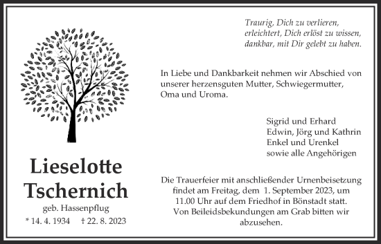 Traueranzeige von Lieselotte Tschernich von Wetterauer Zeitung