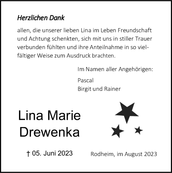 Traueranzeige von Lina Marie Drewenka von Giessener Anzeiger