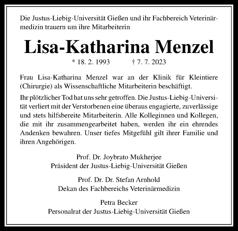  Traueranzeige für Lisa-Katharina Menzel vom 12.08.2023 aus Giessener Allgemeine, Alsfelder Allgemeine