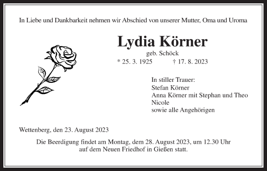 Traueranzeige von Lydia Körner von Giessener Allgemeine, Alsfelder Allgemeine, Giessener Anzeiger