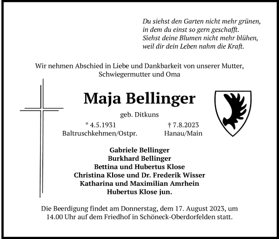 Traueranzeige von Maja Bellinger von Bad Vilbel/Karben
