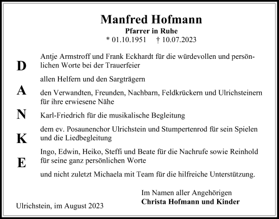 Traueranzeige von Manfred Hofmann von Alsfelder Allgemeine