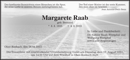Traueranzeige von Margarete Raab von Wetterauer Zeitung