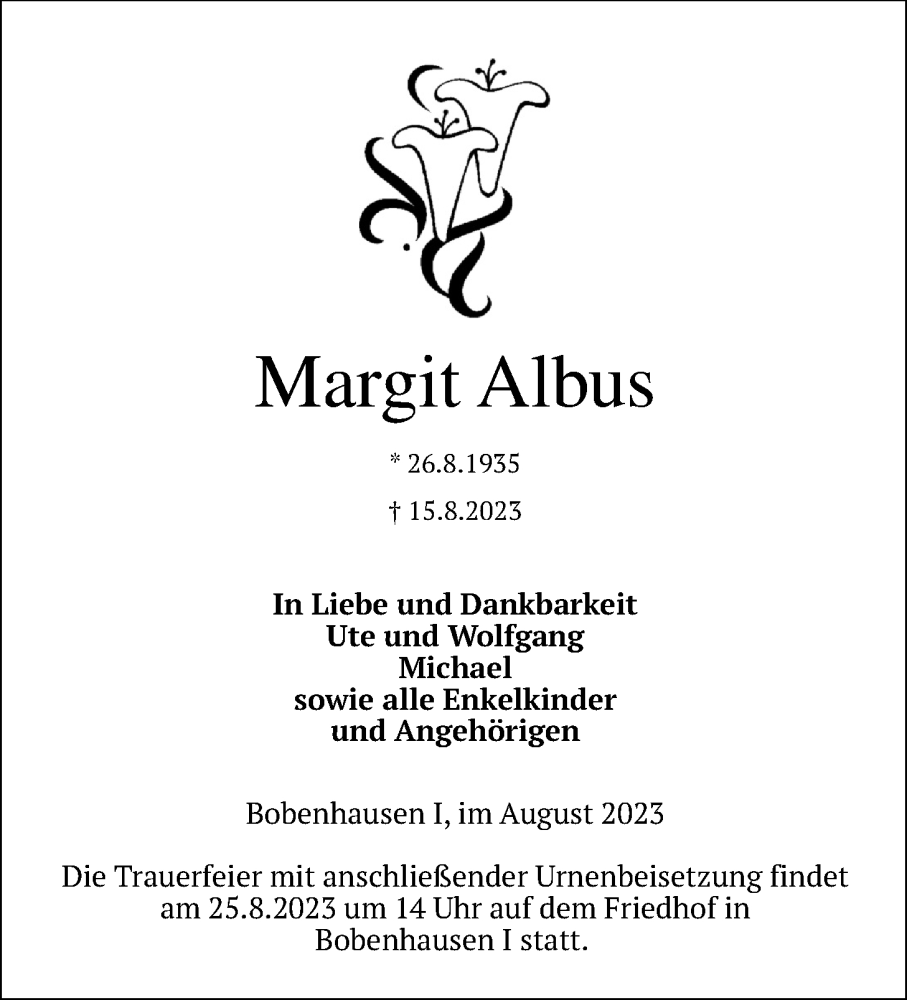  Traueranzeige für Margit Albus vom 19.08.2023 aus Kreis-Anzeiger