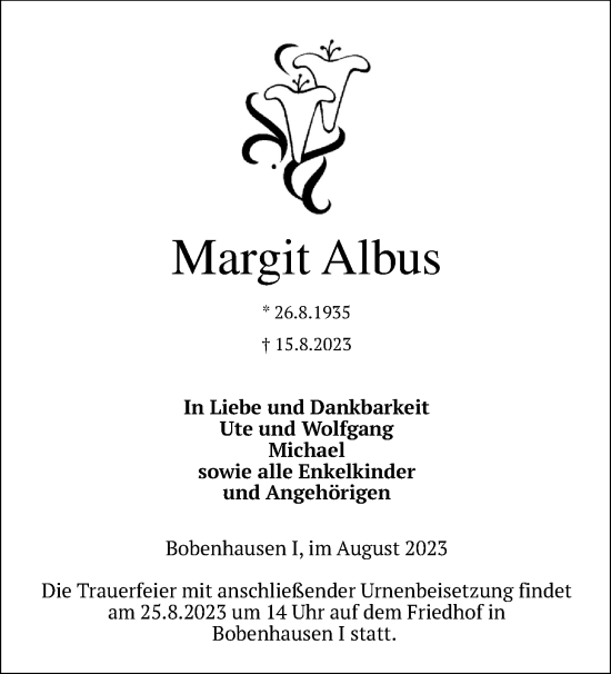 Traueranzeige von Margit Albus von Kreis-Anzeiger