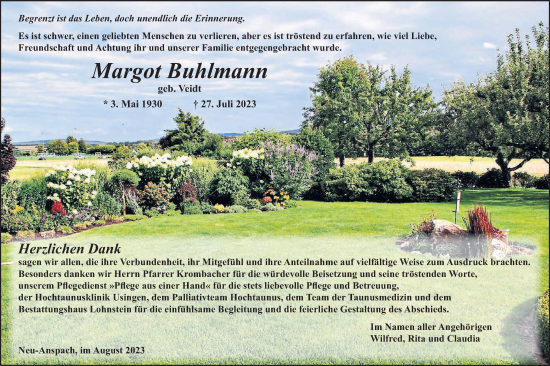 Traueranzeige von Margot Buhlmann von Usinger Anzeiger