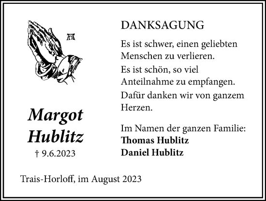 Traueranzeige von Margot Hublitz von Licher Wochenblatt