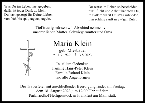 Traueranzeige von Maria Klein von Bad Vilbel/Karben