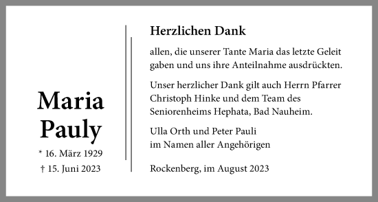 Traueranzeige von Maria Pauly von Wetterauer Zeitung