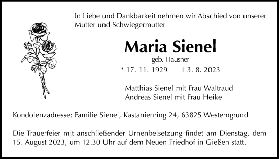 Traueranzeige von Maria Sienel von Giessener Allgemeine, Alsfelder Allgemeine