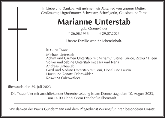 Traueranzeige von Marianne Unterstab von Wetterauer Zeitung