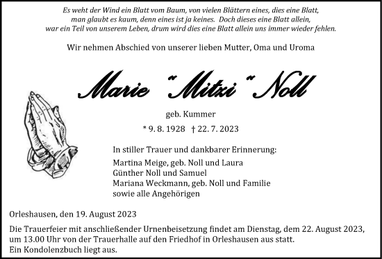 Traueranzeige von Marie Noll von Kreis-Anzeiger