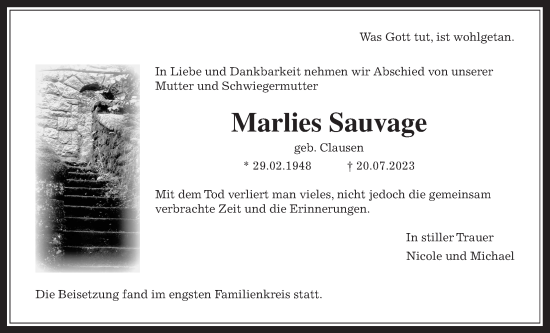Traueranzeige von Marlies Sauvage von Kreis-Anzeiger