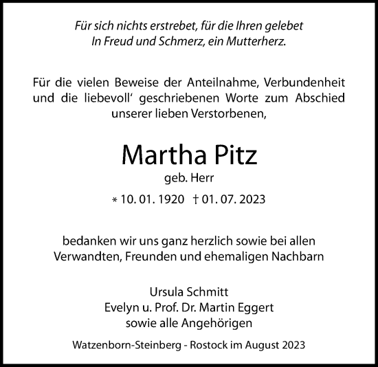 Traueranzeige von Martha Pitz von Pohlheimer Nachrichten