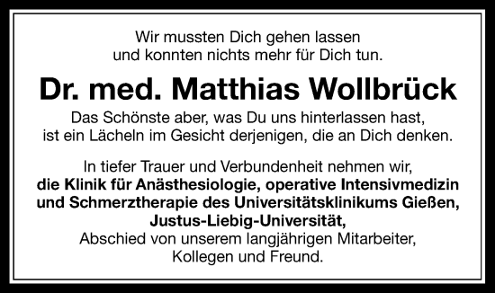 Traueranzeige von Matthias Wollbrück von Giessener Allgemeine, Giessener Anzeiger, Alsfelder Allgemeine