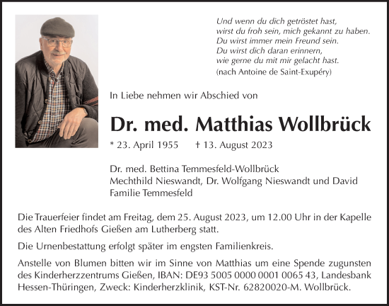 Traueranzeige von Matthias Wollbrück von Giessener Allgemeine, Alsfelder Allgemeine, Giessener Anzeiger, Wetterauer Zeitung, Kreis-Anzeiger