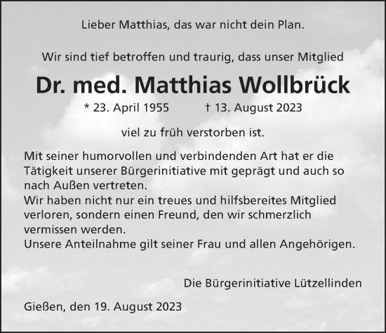 Traueranzeige von Matthias Wollbrück von Giessener Allgemeine, Alsfelder Allgemeine, Giessener Anzeiger