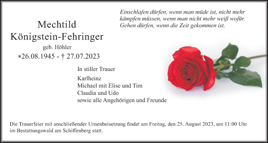 Traueranzeige von Mechthild Königstein-Fehringer von Licher Wochenblatt