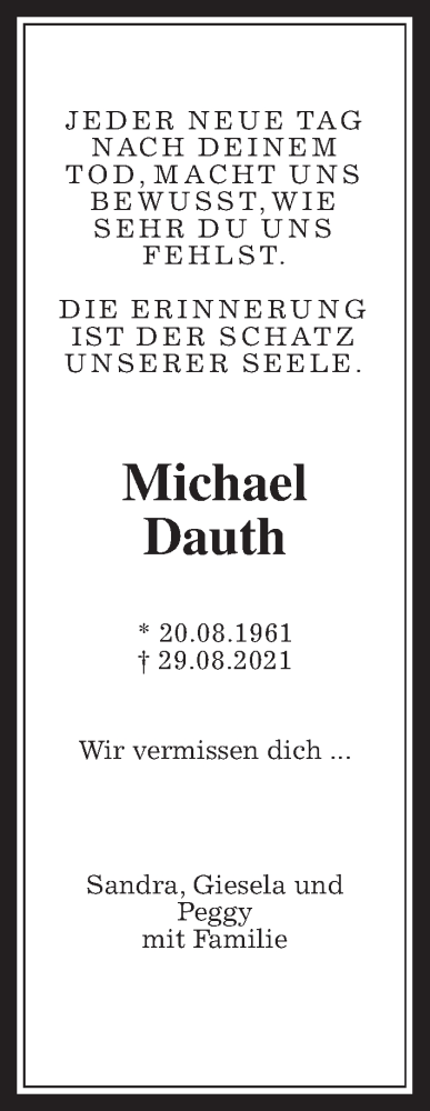 Traueranzeige von Michael Dauth von Wetterauer Zeitung