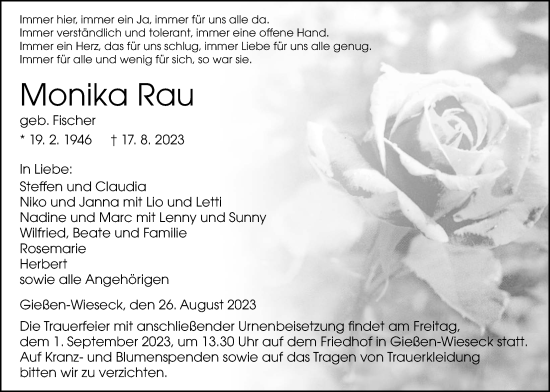 Traueranzeige von Monika Rau von Giessener Anzeiger, Giessener Allgemeine, Alsfelder Allgemeine