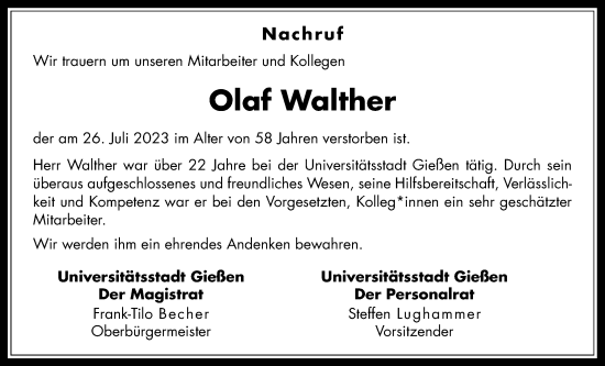 Traueranzeige von Olaf Walther von Giessener Allgemeine, Alsfelder Allgemeine, Giessener Anzeiger