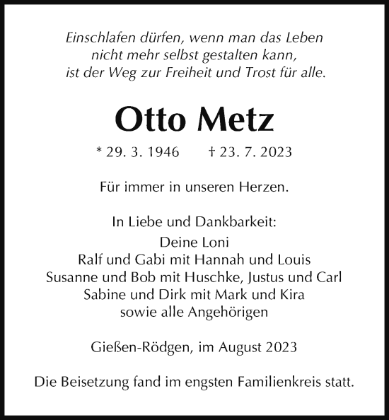 Traueranzeige von Otto Metz von Giessener Allgemeine, Alsfelder Allgemeine, Giessener Anzeiger