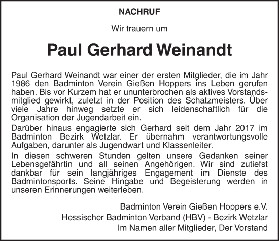 Traueranzeige von Paul Gerhard Weinandt von Giessener Allgemeine, Alsfelder Allgemeine