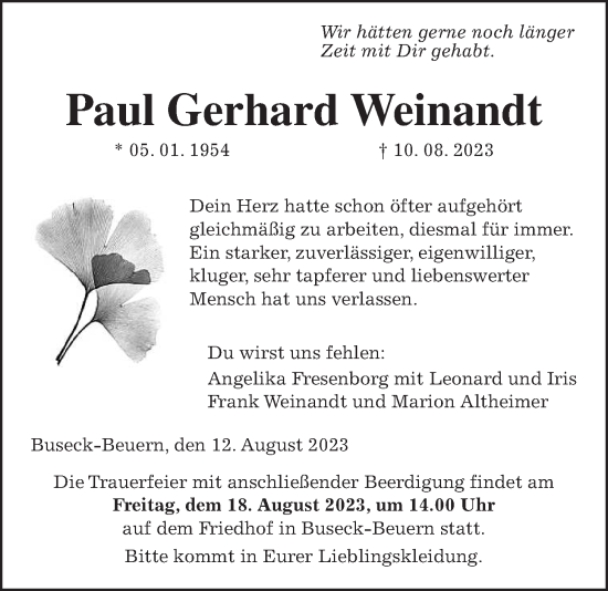 Traueranzeige von Paul Gerhard Weinandt von Giessener Allgemeine, Alsfelder Allgemeine
