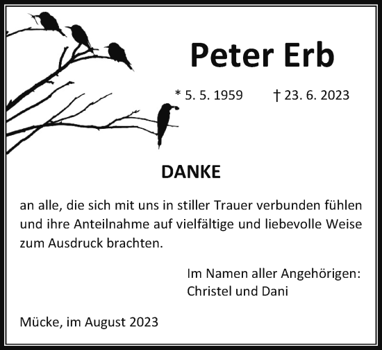 Traueranzeige von Peter Erb von Giessener Allgemeine, Alsfelder Allgemeine
