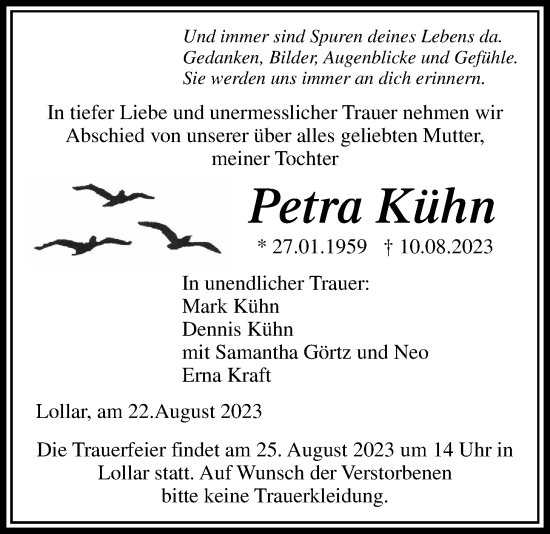 Traueranzeige von Petra Kühn von Giessener Allgemeine, Alsfelder Allgemeine