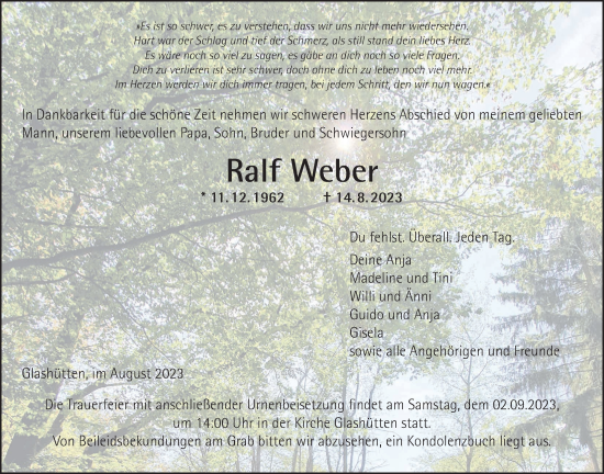 Traueranzeige von Ralf Weber von Kreis-Anzeiger