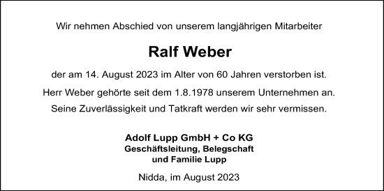Traueranzeige von Ralf Weber von Kreis-Anzeiger