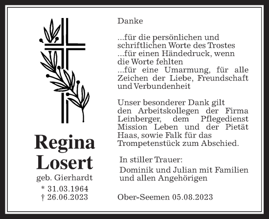 Traueranzeige von Regina Losert von Kreis-Anzeiger