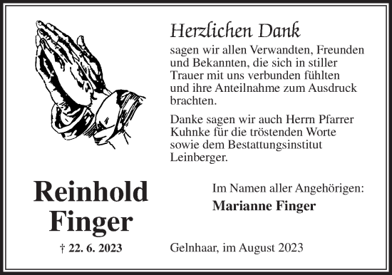 Traueranzeige von Reinhold Finger von Kreis-Anzeiger