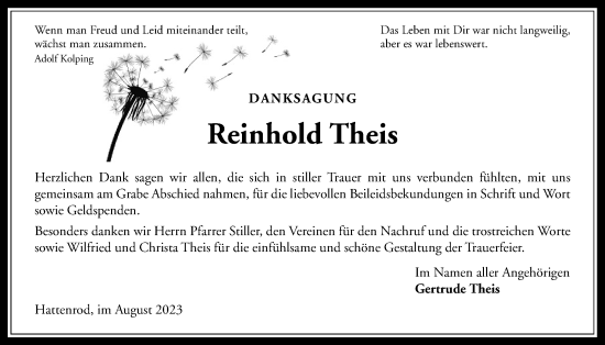 Traueranzeige von Reinhold Theis von Giessener Allgemeine, Alsfelder Allgemeine