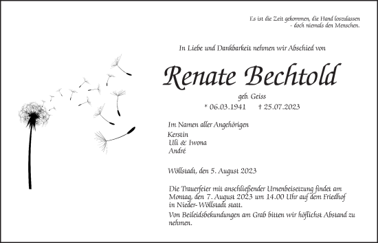 Traueranzeige von Renate Bechtold von Wetterauer Zeitung