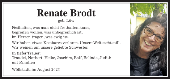 Traueranzeige von Renate Brodt von Wetterauer Zeitung