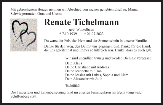 Traueranzeige von Renate Tichelmann von Giessener Allgemeine, Alsfelder Allgemeine, Giessener Anzeiger