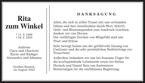 Traueranzeige von Rita zum Winkel von Giessener Allgemeine, Alsfelder Allgemeine, Giessener Anzeiger