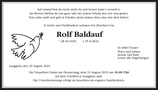 Traueranzeige von Rolf Baldauf von Giessener Allgemeine, Alsfelder Allgemeine, Giessener Anzeiger