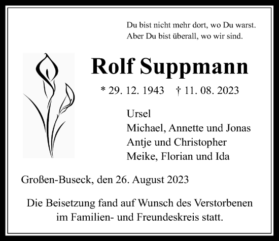 Traueranzeige von Rolf Suppmann von Giessener Allgemeine, Alsfelder Allgemeine