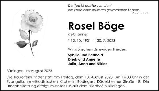 Traueranzeige von Rosel Böge von Kreis-Anzeiger