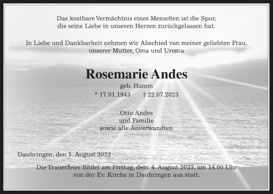 Traueranzeige von Rosemarie Andes von Giessener Allgemeine, Alsfelder Allgemeine