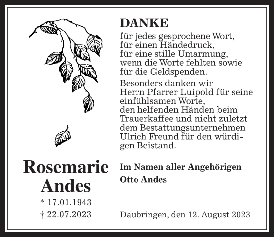 Traueranzeige von Rosemarie Andes von Giessener Allgemeine, Alsfelder Allgemeine