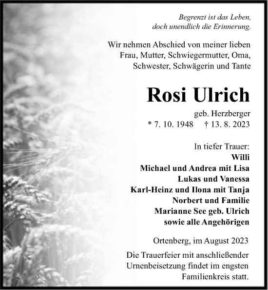 Traueranzeige von Rosi Ulrich von Kreis-Anzeiger